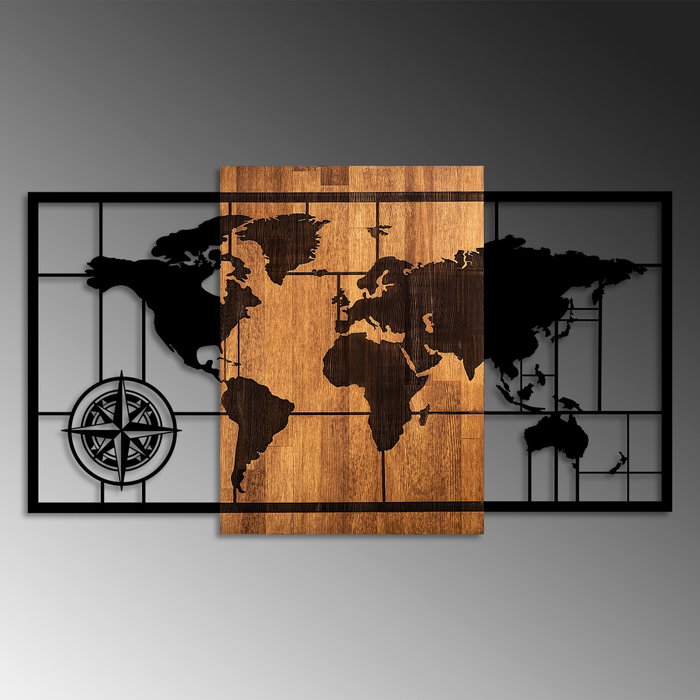 Wallity World Map 1-L Decoración de Pared de Madera y Metal